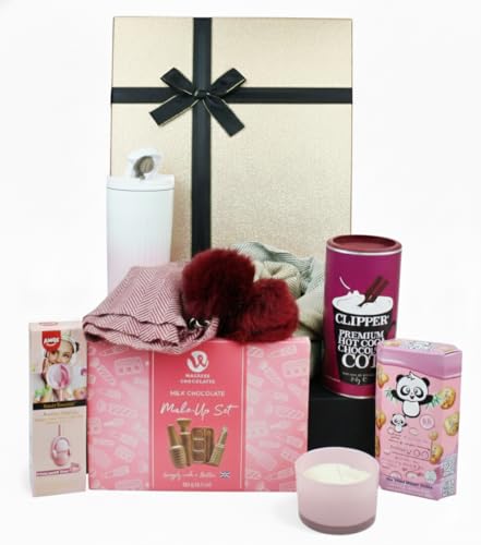 Emartbuy - Cesta de regalo de lujo para mujer, golosinas de chocolate, mezcla de bebidas calientes, bufanda, orejas, vela perfumada y flácida para relajarse, spa, regalo de Navidad y de
