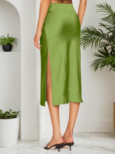 Image of Amy Babe Womens Satin Silk High Waist Slit Midi Skirt Long Skirts for Women | Elastic Waistband, Side Split, Midi Length, Below the Knee, Silky Fabric, Elegant, Fall Winter Outfits
