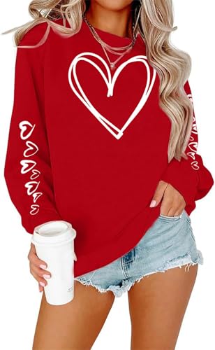 YALUCOR Women Valentine's Sweatshirt Love Heart Print Pullover Tops Casual Cute Valentines day Gift Long Sleeve Sweatshirt, Red-t5w, XL