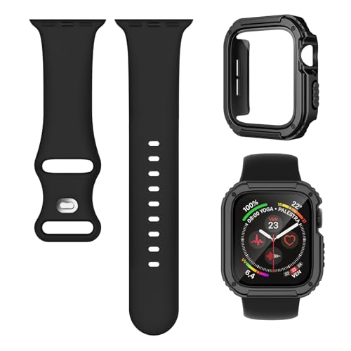 3-in-1 Silicone Band and Rugged Case Compatible for Apple Watch Bands 44mm 45mm 46mm 42mm 40mm 41mm, Sport Strap and Protective Cover with Screen Protector for iWatch Series 11 10 9 8 7 6 5 4 SE3