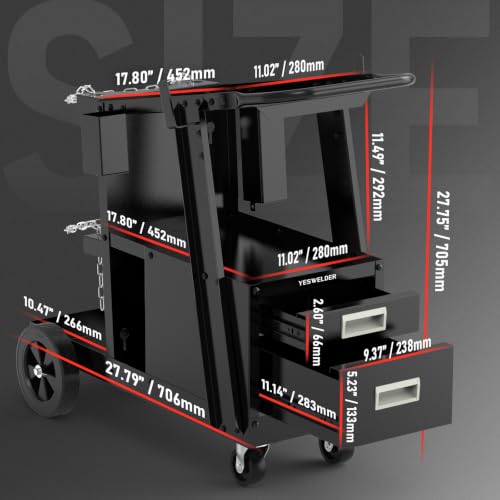 Image of YESWELDER Welding Cart,2-Tier with 2 Drawers for MIG Welder TIG Welder and Plasma Cutter, Tank Storage Safety Chains, Heavy Duty Large Storage 360 Swivel Wheels Welding Trolley