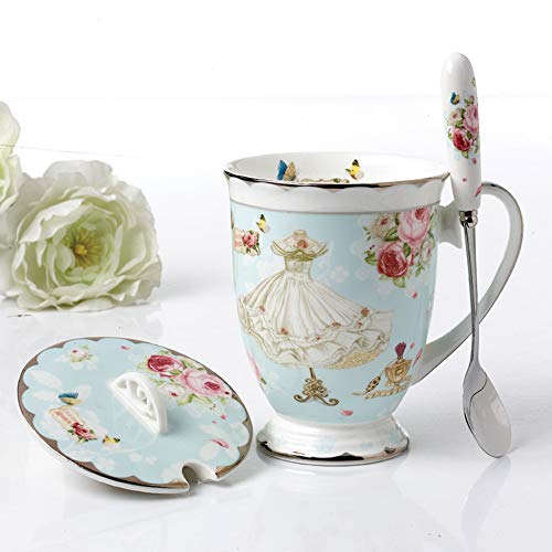Fine Bone China Teetasse Sets Vintage Kaffeetasse Blumen Teetassen mit Deckel und Löffel Geschenk für Muttertag Frauen Mama Cover