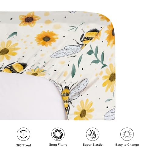 Image of Watercolor Bees Boho Sunflowers Leaves Baby Crib Sheets for Boy and Girl 52 inchx28 inch Bees Retro Floral Crib Mattress Sheet Soft Breathable Baby Bed Sheets for Standard Crib and Toddler Mattresses
