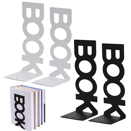 KAYEF Serre-Livres Design Blanc et Noir en Métal - Lot de 2 Paires, Moderne et Esthétique, pour Livres, DVD, CD, Magazines