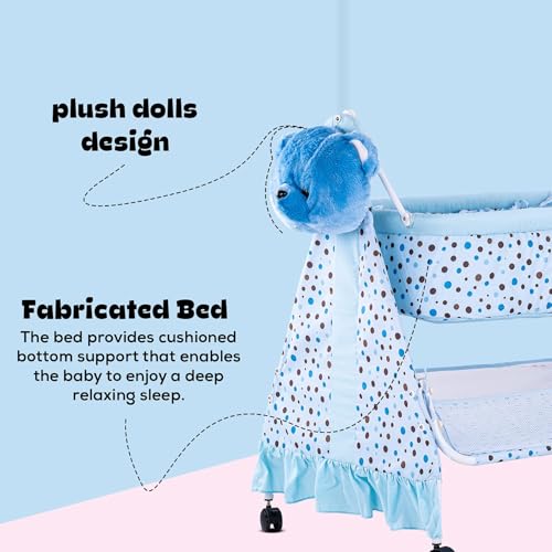 Image of BAYBEE CozyNest Baby Cradle and Swing Jhula for Newborn Babies with Removable Mosquito Net, Washable Fabric, Lockable Wheels & Safe Sleeping Bed Crib for Infants Up to 2 Years (Blue)