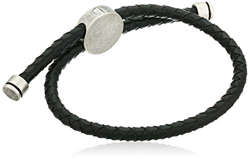 Steve Madden Men's Black Braided Faux Leather Adjustable Bracelet with Stainless Steel Disc