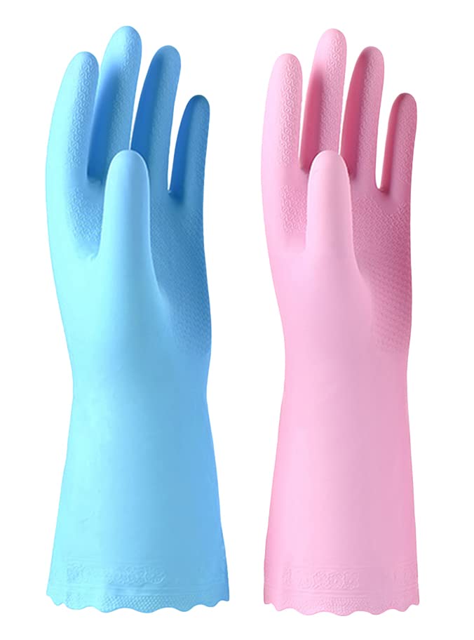 Image of Alimat PluS 2 Pack Reusable Cleaning Gloves Latex Free, Dishwashing Gloves with Cotton Flock Liner and Embossed Palm, Waterproof Household Gloves for Laundry, Gardening(Medium)