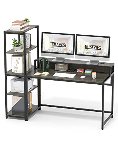 Teraves Computer Desk with 5 Tier Shelves,Reversible Writing Desk with Storage 49 Inch Study Table for Home Office Independent Bookcase and Desk for Multiple Scenes (Desk+Shelves, BOAK)