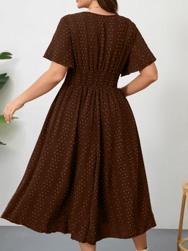 Image of RWJ Women's Plus Size Maxi Dress V Neck Short Sleeve Swiss Dot A Line High Waist Boho Swing Casual Summer Dresses