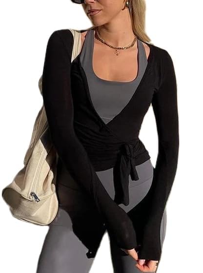 Ballet Wrap Tops for Women Y2k Long Sleeve Pilates Coquette Tops V-Neck Fitted Tie Front Crop Shirts Workout Blouse
