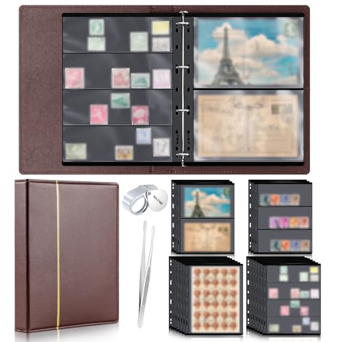 Image of Stamp Collecting Album Binder Kit for Collectors, 1 /2 /3 /4 Rows Banknotes Storage Book with 20 Stamp Pages, 4 Ring Binder, Tweezers and Magnifier, for Paper Money Bill Postage, Beginner Hobbyists Gift
