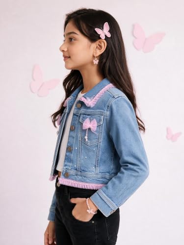 Image of Girls Full Sleeve Solid Crop Denim Jacket
