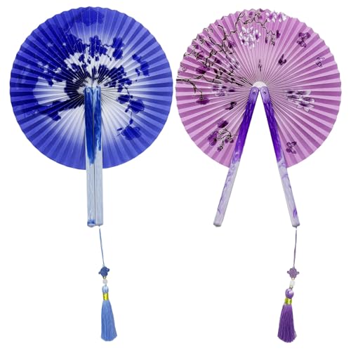 XIAQICA 2 Pcs Abanico Pai Pai de Papel Plegable Redondo Magnético Abanicos Personalizado Portátil Retro Ventilador Mujeres con Borlas para Bodas Fiestas Decoración Espectáculos Atrezzo (Morado, Azul)
