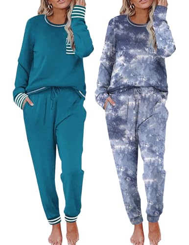 Image of Ekouaer 2 Pack Womens Pajama Sets Long Sleeve Lounge Sets Soft Pj Sleepwear Loungewear
