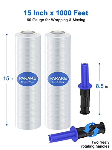 Parake OP224W2 2-Pack Stretch Wrap Film, 15 Inch X 1000 Feet Shrink Wrap With Handles, Industrial Strength Plastic Wrap Roll thumb #1
