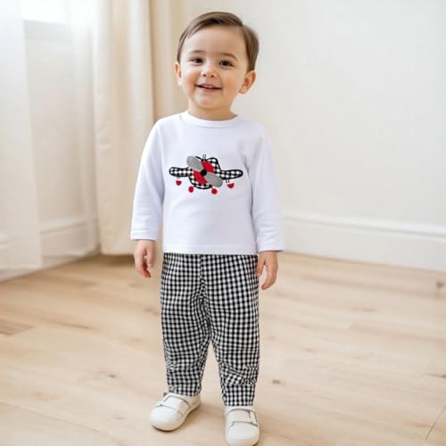 Infant Toddler Baby Boy Outfits Fall Winter Airplane Embroidery Long Sleeve Shirts Top Plaid Pants 2PCS Clothes Set3