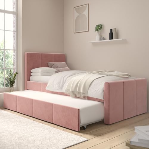 Layla Single Guest Bed with Trundle Bed in Pink Velvet