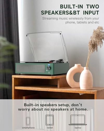Image of Vinyl Record Player with Speakers & Wireless Receiver Turntable for Vinyl Records 3 Speed 3 Size LP Player Portable Turn Table Vinyls Records Players Headphone AUX RCA Auto Stop New Sleek Dark Green