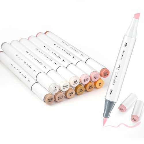 SFAIH Skin Tone Brush Tip Alcohol Markers - 12 Light Skin Colors Double Tipped Art Markers for Artist Adult Coloring Illustration Gifts for Artist Adult Dual Tip Brush & Chisel - Refillable Ink