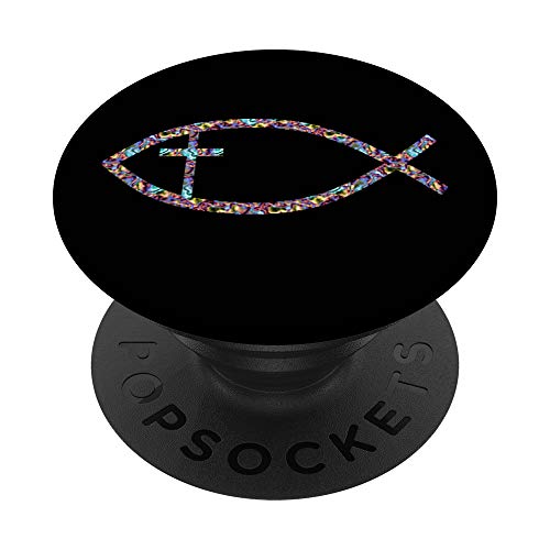 Christian jesus fish symbol cross rainbow mosaic on black popsock…