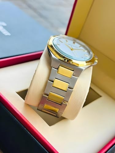 Image of AMERICANVIBER Modern Analog Watch, Silver and Black Two-Tone Stainless Steel Band, Octagonal Case, White Dial for Men