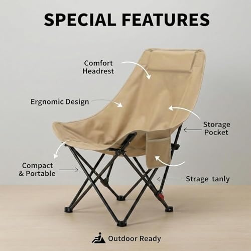Image of Frevrons Foldable Camping Moon Chair with High Back - Lightweight Portable Outdoor Folding Chair Side Pocket - Heavy Duty X-Frame for Balcony, Garden, Hiking & Travel (Black)