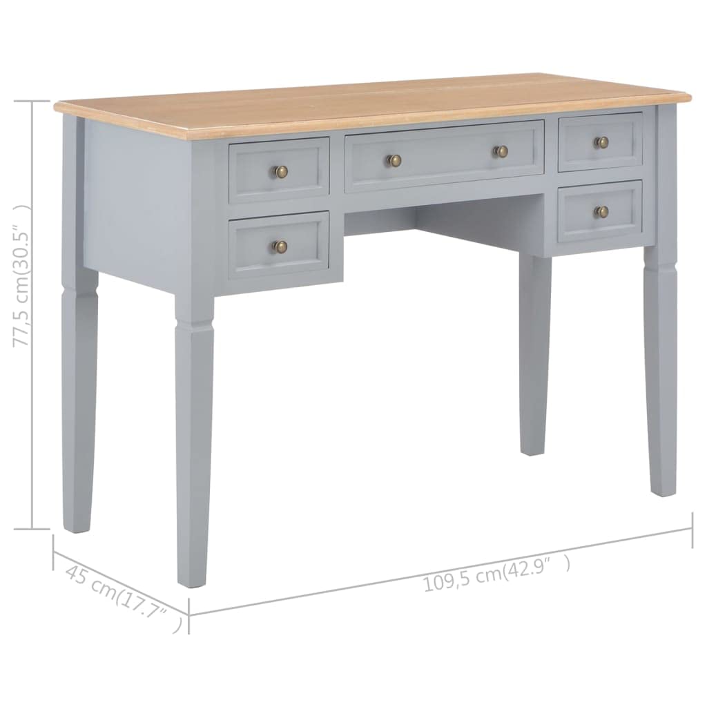 Biurko szare z płyty MDF i drewna sosnowego, 109,5 x 45 x 77,5 cm, z 5 szufladami, komputer laptop, stół do biura, biura domowego, do nauki, miejsca do przechowywania i przechowywania