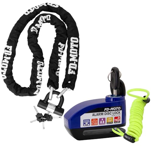 FD-MOTO Black/Blue Alarm Disc Lock & Reminder Cable & 2.0M*10mm Steel Heavy Duty Motorbike Chain Lock