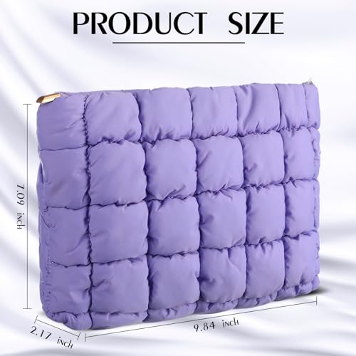 Hillban Puffy Quilted Makeup Bag Quilted Cosmetic Bag Cute Puffer Toiletry Checkered Pouch Aesthetic Travel Makeup Brushes Organizer(Purple,Classic)4
