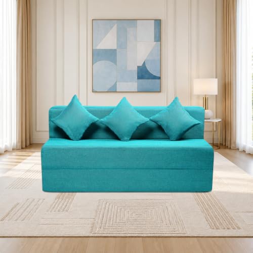 Image of Seventh Heaven Rejioce 4 Seater 6 * 6 Jute Fabric Washable Cover Sofa Cum Bed with 3 Cushions 4 Seater Double Foam Fold Out Sofa Cum Bed (Finish Color - Blue Delivery Condition - Pre-Assembled)