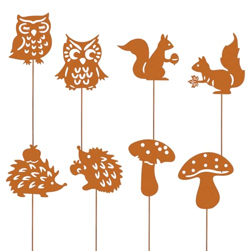 Binlava 8er Gartenstecker Herbst, Rostdeko Herbst, 25cm Herbstdeko mit Igel Eule Pilze,Beidseitig, Rost Gartenstecker aus stabilem Eisen in Rost, Eichhörnchen Deko für Garten, Balkon & Terrasse