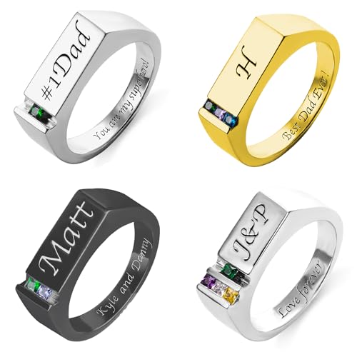 Getname Personalized Men's Ring with Birthstone - Silver Dad Signet Ring for Men, Husband, Father's Day Gift