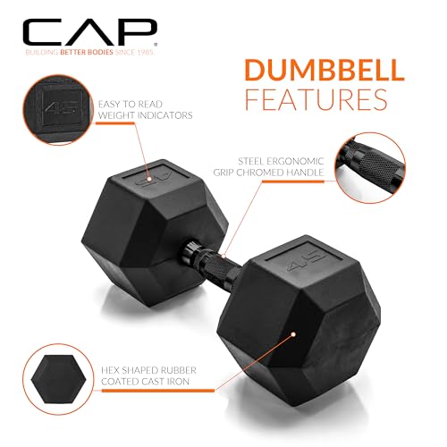 Image of CAP Rubber Coated Dumbbell Weights, Free Weights for Home Gym Strength Training, Anti-Roll Hex Dumbbells with Black, Chrome & Comfort Grip Handles, Singles