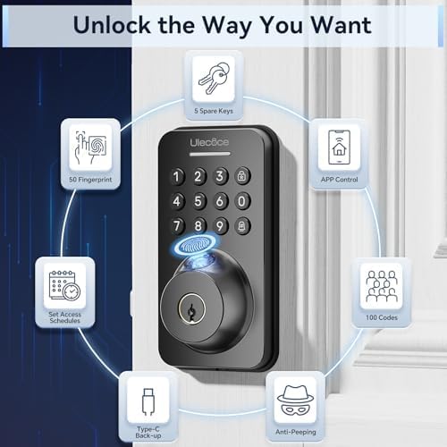 Image of Ulecoce Fingerprint Keypad Deadbolt with Knob Set, Keyless Entry Door Lock with App Control, Door Locks for Front Door, Auto Lock&One-Touch Lock, 100+ User Codes&5 Keys, Easy Installation, Matte Black