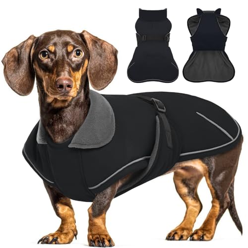 Hjyokuso Hundemantel Dackel, Winddichter Wasserdichter Wintermantel Für Dackel Hunde, Hundejacke Für Kleine Hunde XS, Hundemantel Winter Mit Bauchschutz Und Leinenloch, Winterjacken Für Hunde-Schwarz