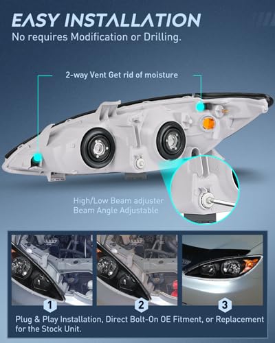 Image of Nilight Headlight Assembly for 2002 2003 2004 Toyota Camry LE /XLE Headlamps Replacement Black Housing Amber Reflector Clear Lens Driver and Passenger Side