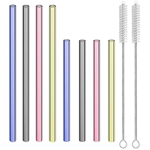 Prounion Glass Straw with 2 Straw Cleaner Brushes, Coloured Reusable Straight Glass Straw Dishwasher Safe Eco Friendly Durable Glass Straws Drinking for 20/30oz Smoothie Cocktail Milkshake Cold Drinks Cover
