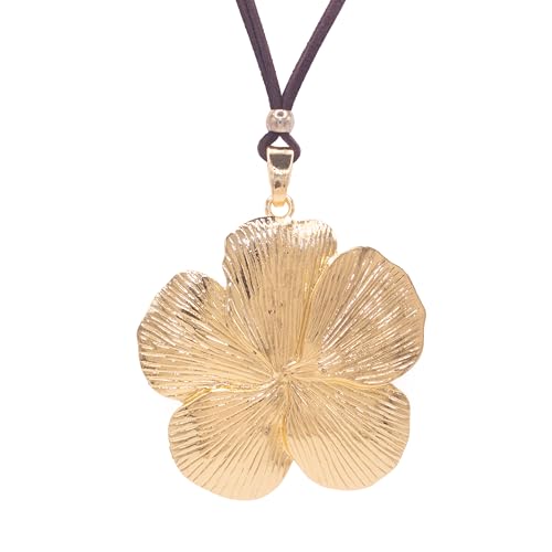 NILUXE DESIGN- Collar Mujer Flor Grande de Zamak Plata- Colgante Largo Mujer Flor Plateado o Dorado - Cadena de Antelina o de Acero Inoxidable -Altura Ajustable(Dorado-Antelina marrón)