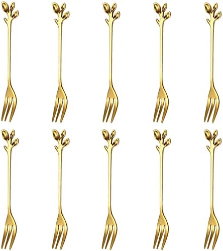 Mini Forks for Appetizer Stainless Dessert Fork, Gold Leaf Creative Cocktail Small Fruit Fork Oyster Pickle Forks for the Jar Crab 4.7 Inches (10 PCS)