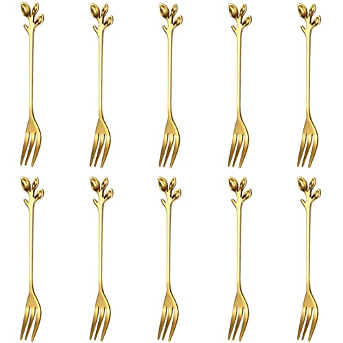 Mini forchette per antipasti in acciaio inox, forchette creative per cocktail e dessert, forchette da frutta, forchette per ostriche, sottaceti, per barattoli, granchi, 10 pezzi, colore: oro
