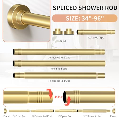 Image of Gold Shower Curtain Rod 34-96 Inches(2.8-8ft) Never Rust Adjustable Shower Rod Spring Tension Non Slip No Drilling Shower Rods for Bathroom Garland Window