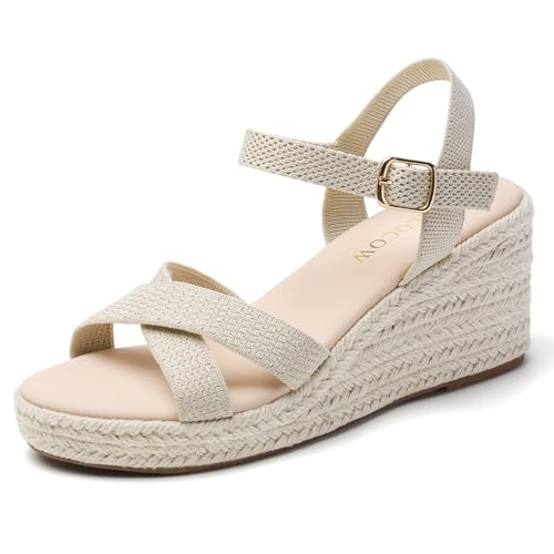 Tilocow Espadrilles Wedges for Women Knit Platform Heels Open Toe Ankle Strap Sandals Beach Casual Dress Shoes