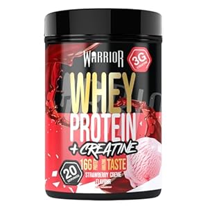 Warrior Whey Protein Powder + Creatine 500g – Sports Nutrition Shake for Muscle Growth, Performance, and Recovery – Enjoy Post Workout – Low Sugar – 20 Servings (Strawberry Crème)