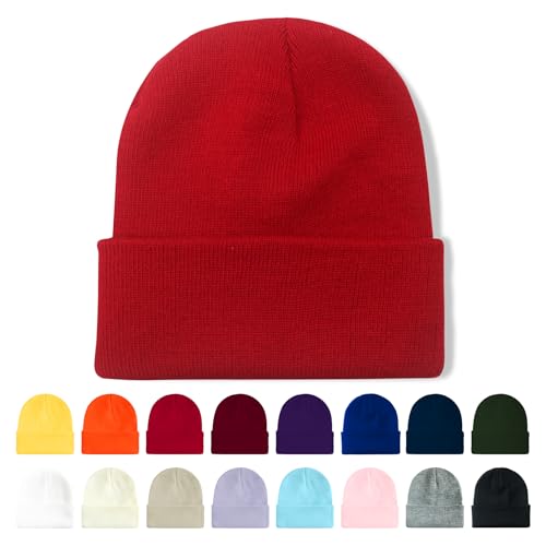 AGLIFEFY Winter Beanie Acrylic Knit Cuffed Plain Hats Skull Cap Warm Beanies for Men Women Red