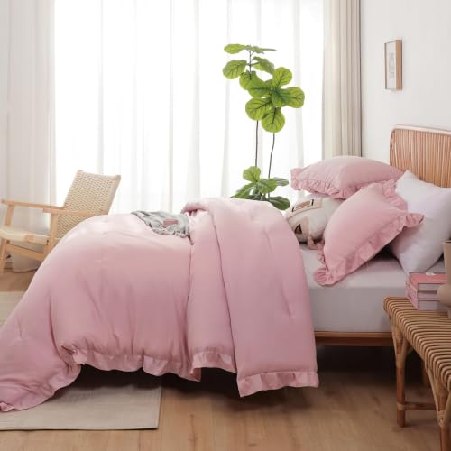 Image of JANZAA Baby Pink Comforter Set Twin - Soft Microfiber, Lightweight All Season Bedding, Ruffle Shabby Chic Aesthetic, Breathable Cozy Bed Set with 1 Pillow Shams, Machine Washable