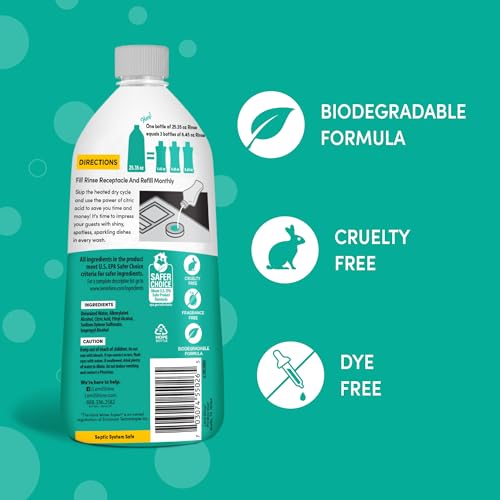 lemi shine shine and dry natural dishwasher rinse aid - hard water stain remover - 2535 fl oz