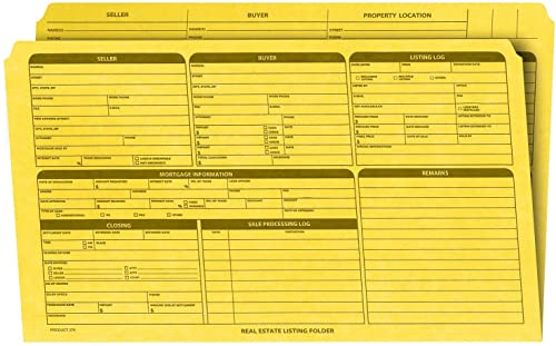 Real Estate Listing Folder Right Panel -Legal Size- Holder for Documents, Pre-Printed with Closing Checklist & Tracker Card Stock Color-Coded Dots for Organization - Made in USA 25-Pack Yellow