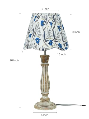 Image of Green Girgit Wooden Distress White Athens Lamp with Pleeted Multicolor Blue Floral Lotus Shape Lamp Shade