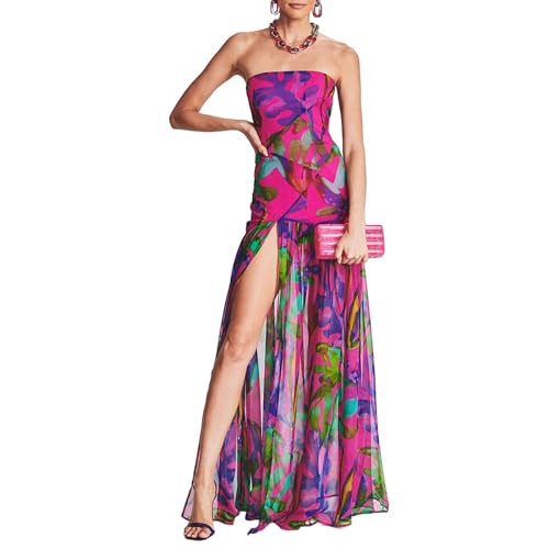 Image of Womens Strapless Maxi Dress Slim High Slit Mesh Long Dress Sexy Party Club Night Out Dress 2024 Summer Vacation
