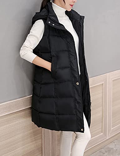 Tanming Women's Long Puffer Vest Cotton Sleeveless Puffy Jacket With Removable Hood (Black-S) #TOP3